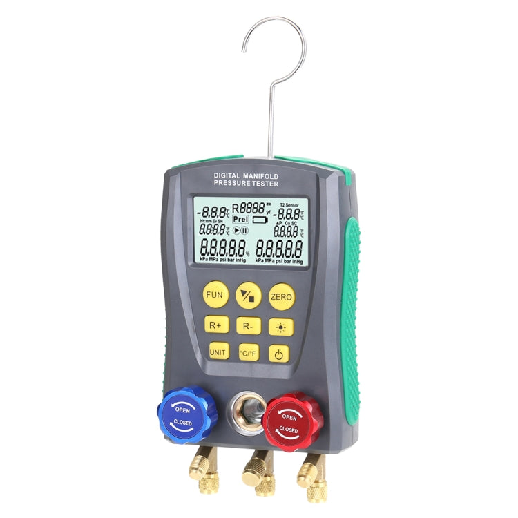 Digital manifold pressure tester with hanging hook, LCD screen, and blue/red valve knobs