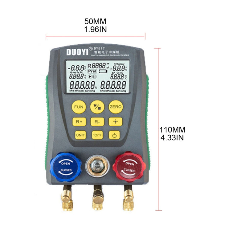 Digital manifold pressure tester with LCD, yellow buttons, and three brass connector ports