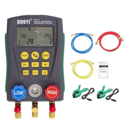 Digital manifold pressure tester with LCD screen, yellow buttons, and blue LOW/red HIGH valves