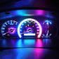 Wedge COB LED instrument panel bulbs, glowing blue and magenta on dashboard gauge cluster