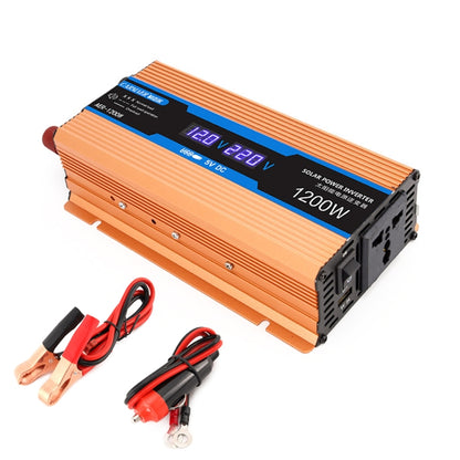 Orange power inverter with blue digital display and 1200W markings, side connectors.