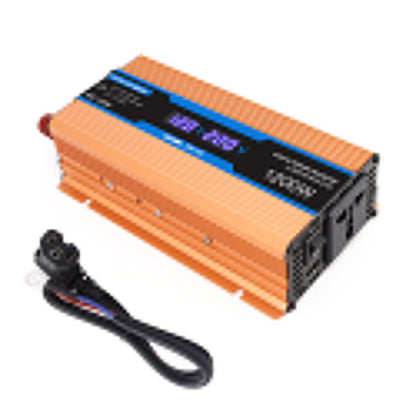 Orange car power inverter with dual digital display and attached power cable.