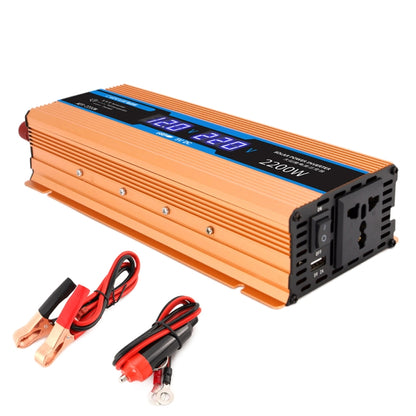 Orange power inverter with blue display showing input and output voltages