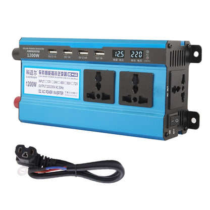 Blue power inverter with dual AC outlets and digital display, black mounting brackets