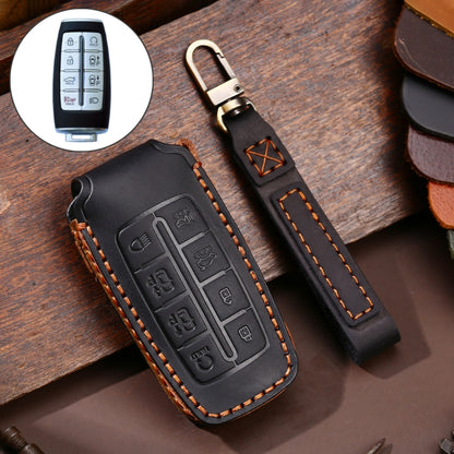 Black cowhide leather key protective cover with key ring and stitched edges