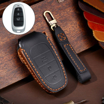Black cowhide leather key fob protective case with key ring, orange stitched edge