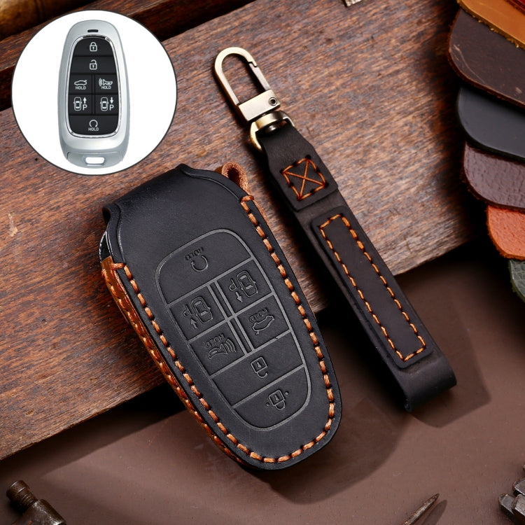 Hallmo Car Cowhide Leather Key Protective Cover Key Case for Hyundai 7-button, For Hyundai 7-button