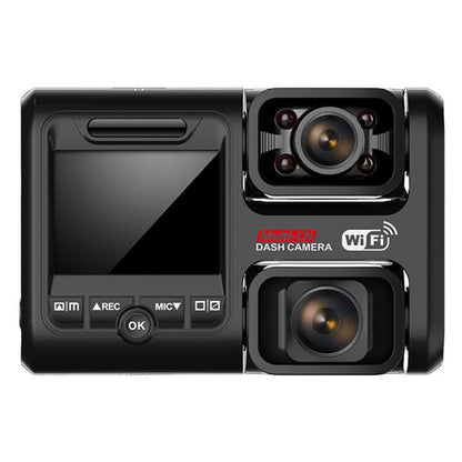 Dual-lens dash cam with front screen and two camera lenses in black housing