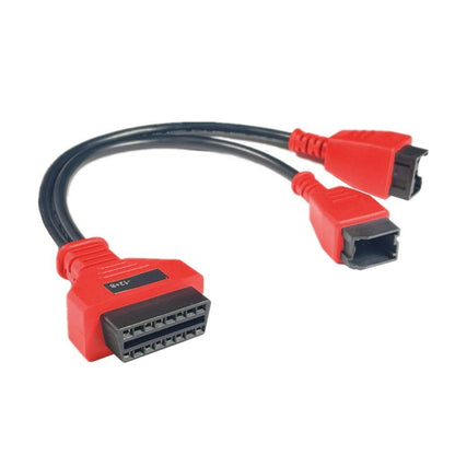 Car diagnostic adapter cable with red FCA 12+8 and OBD2 connectors