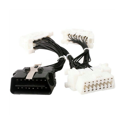 ELM327 OBD2 diagnostic cable with 16-pin male and three 3-pin female connectors