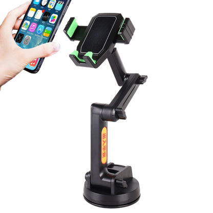 Truck suction cup phone holder with black arm and green grips, clamp mount