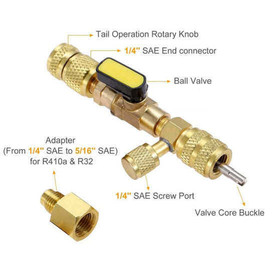 R410A R22 Spool Remover Installation Tool with Dual Size SAE 1/4 and 5/16 Ports, R410A