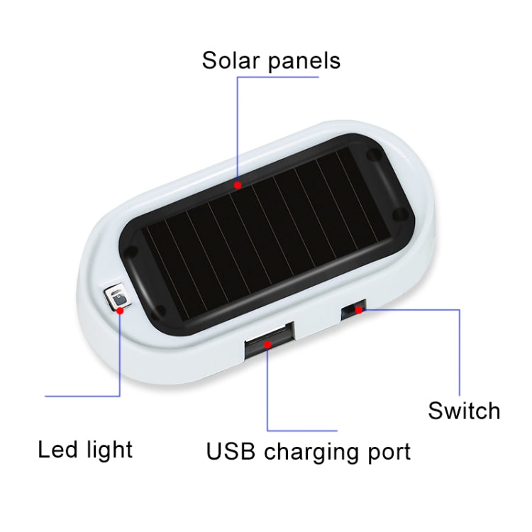 Solar LED warning light device with black solar panel, USB charging port, and switch