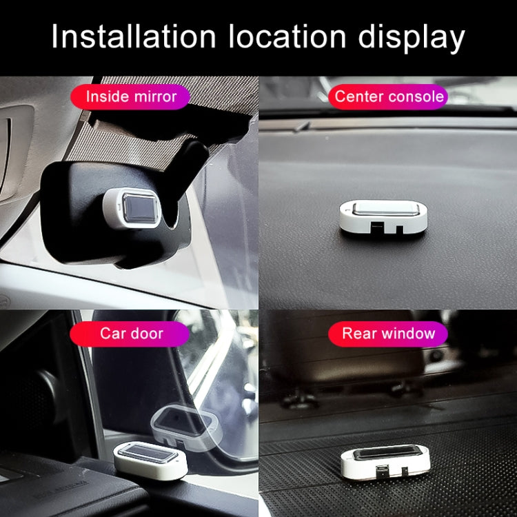 Solar LED warning light device shown ready to mount on car interior surfaces