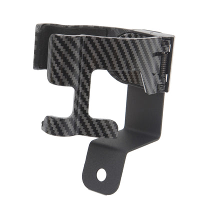 Car cup holder bracket with carbon fiber trim and black mounting plate