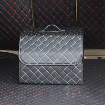 Car trunk foldable storage box with top flap, light gray checkered fabric and handle