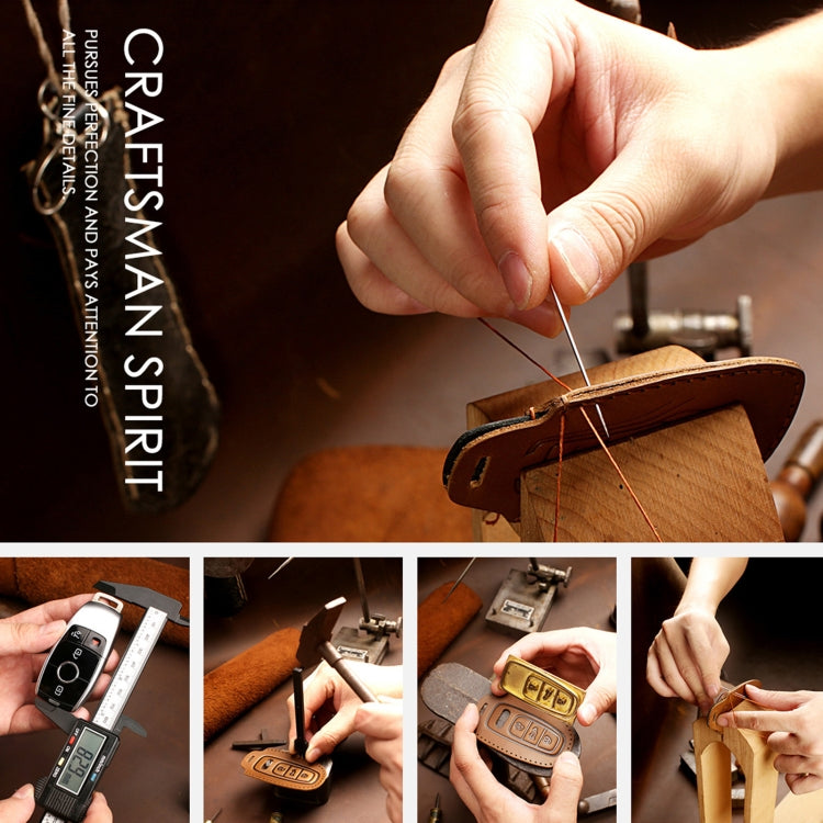 Crafting hands stitching a leather key cover, with thread and key ring hardware