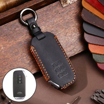 Black leather key fob protective cover with key ring and contrast-stitched edges