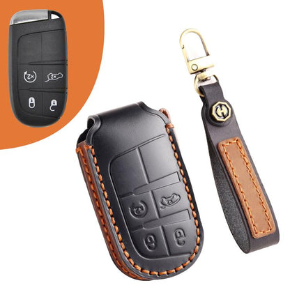 Black genuine leather key fob cover for 4-button keys, stitched edges, keyring strap