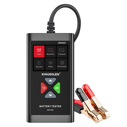 KINGBOLEN BM580 digital battery tester with display and red/black alligator clips