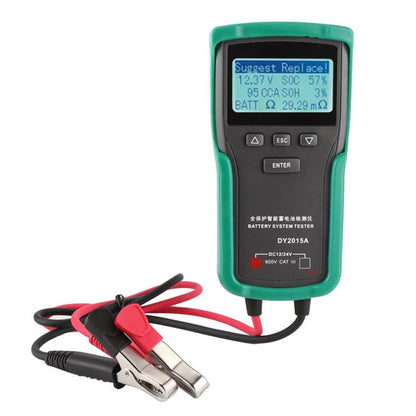 Green digital battery tester with LCD screen and red/black alligator clamp leads