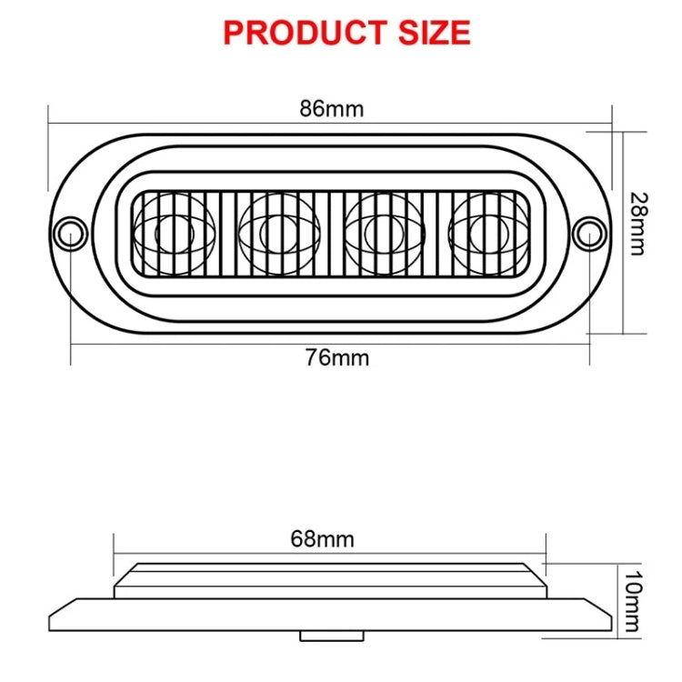 Side marker light size diagram with oval housing and measurement callouts