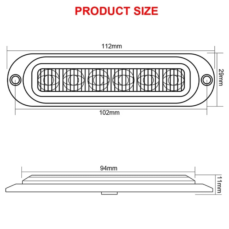 Side marker LED light size diagram, 112mm length, 94mm width, 2mm height