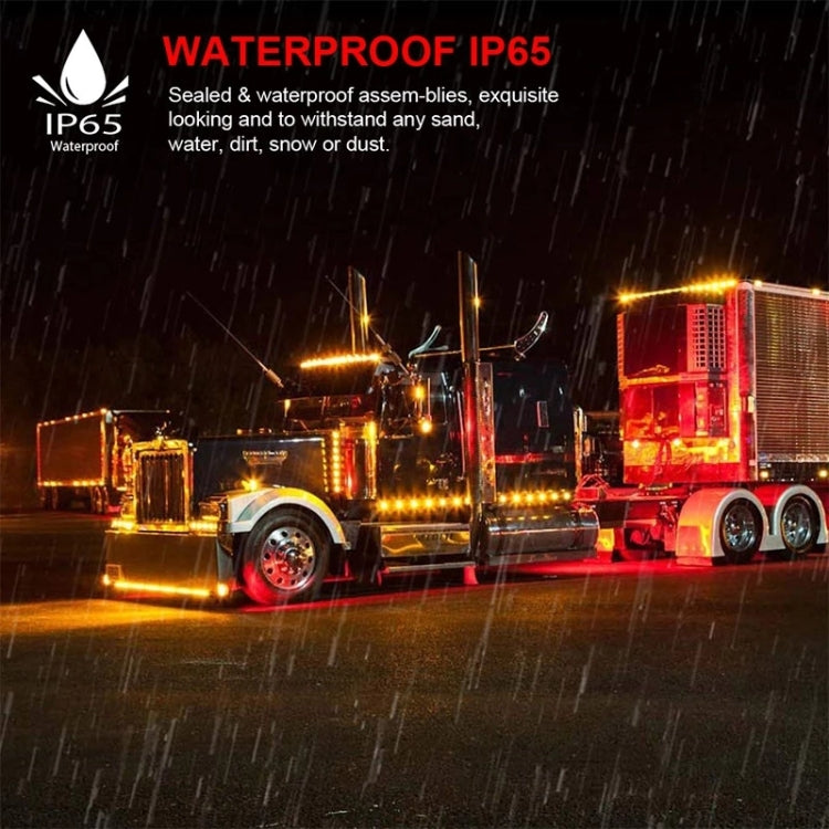 Truck side marker LED lights glowing on a vehicle, waterproof IP65 label visible