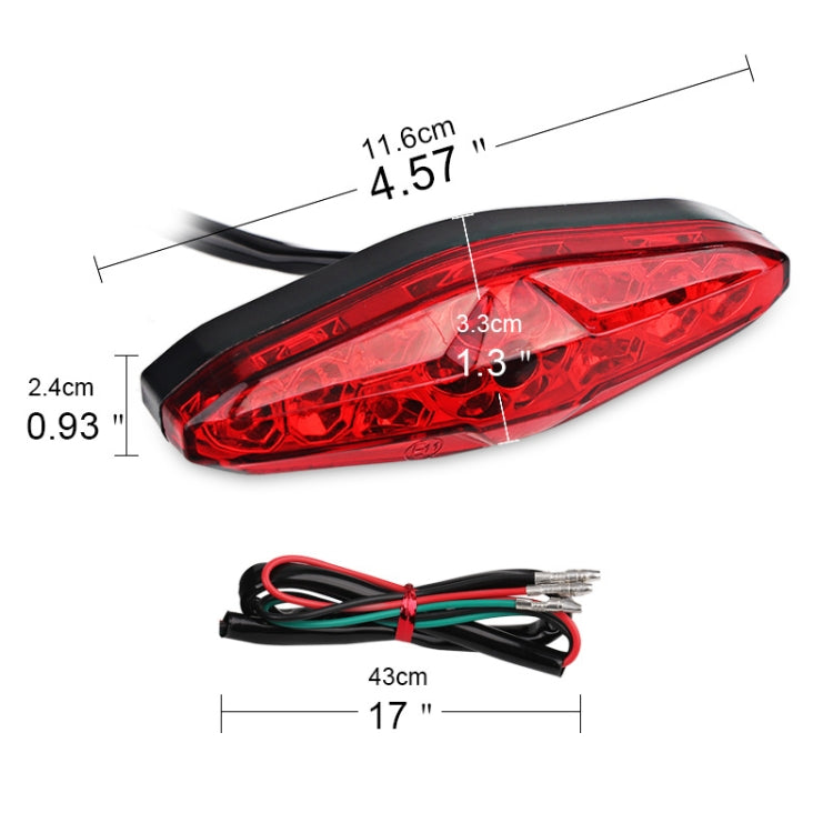 Motorcycle LED running light with red lens and black base, with size measurements