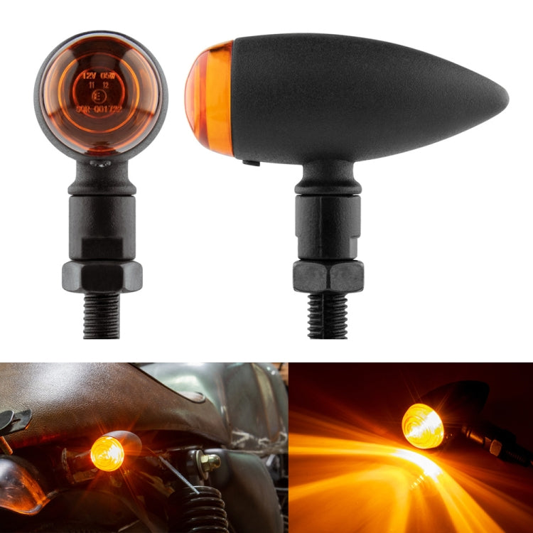 Motorcycle turn signal light with amber lens, black housing, and threaded mounting stud