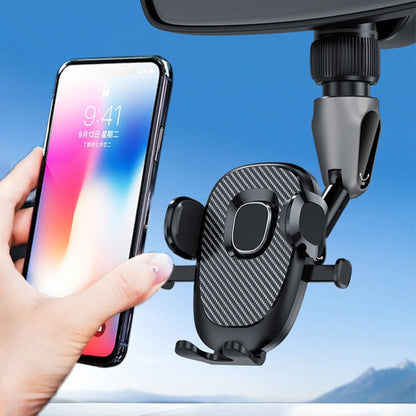 Car phone holder with big clip, black carbon-fiber style grip, holds a smartphone in place
