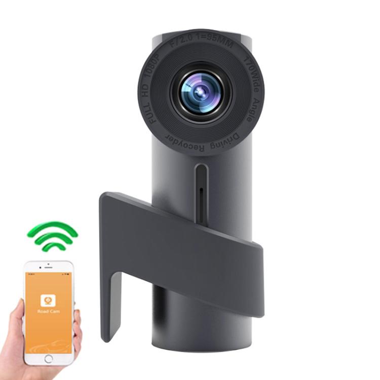Hidden WiFi car dash camera with round lens and hanging bracket mount