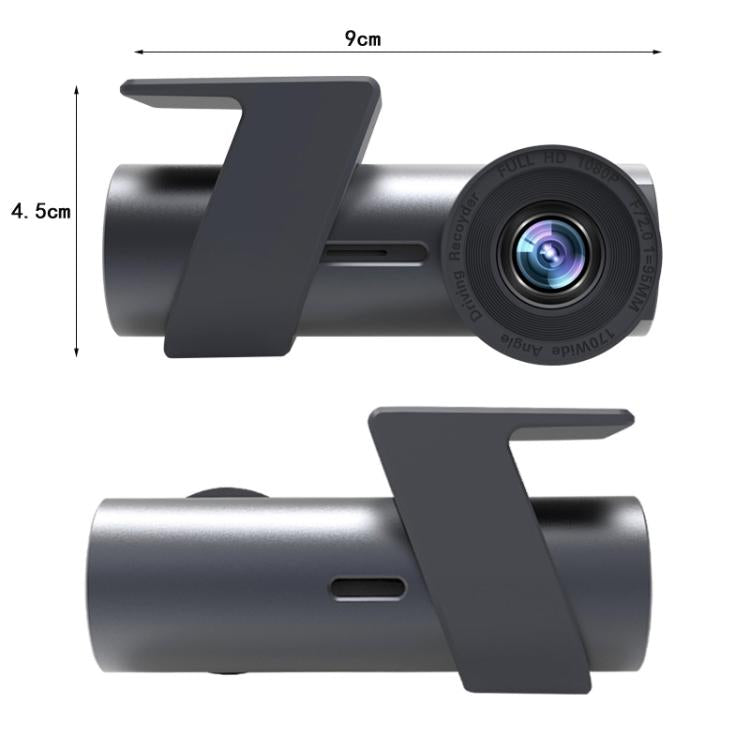 Hidden car dash camera profile with front lens and side bracket, size view