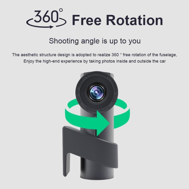 Hidden WiFi car dash camera with 360-degree free-rotation lens orientation arrows
