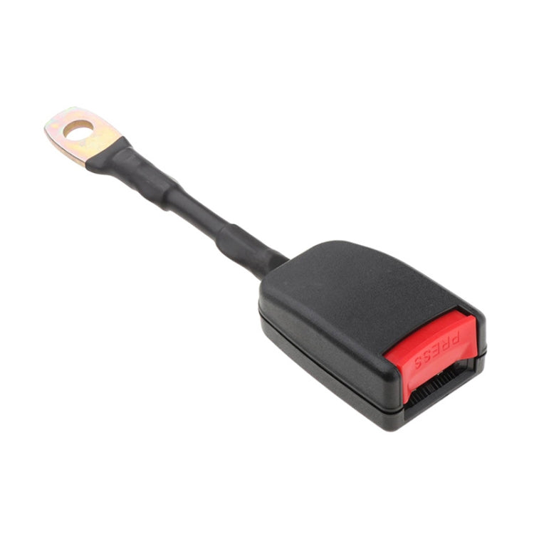 Seat belt extension connector with black strap and red release label on buckle