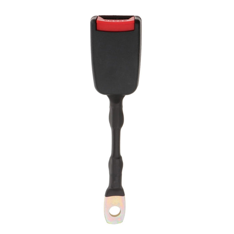 Seat belt extension buckle with black casing, red release tab, and metal end