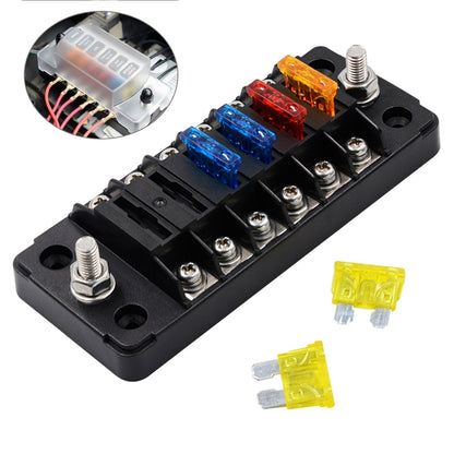 Auto fuse box holder with 12 colored fuses and screw terminals, black base