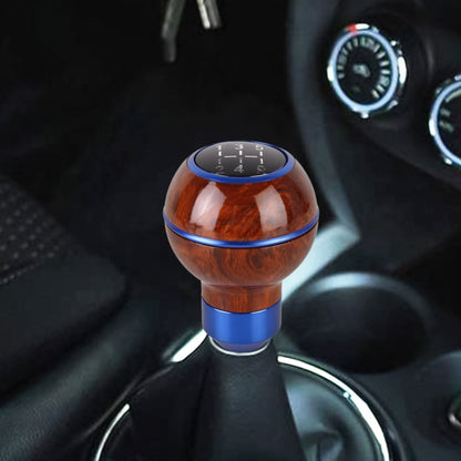 Wood-texture metal gear shift knob with blue ring and black numbered shift plate