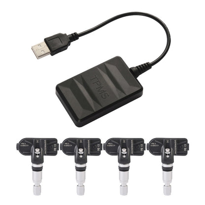 Black TPMS receiver with USB cable and four tire valve sensors