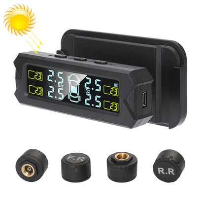 Solar TPMS receiver display with external beep sensor, black housing showing tire pressures