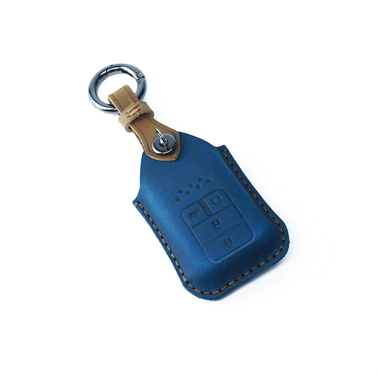 Blue cowhide leather key fob cover with key ring and embossed button icons