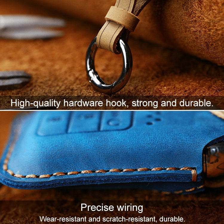 Blue cowhide leather key fob cover with key ring and stitched edge, embossed button icons