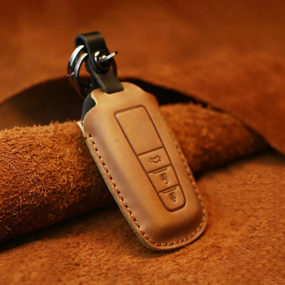 Brown leather key fob cover with key ring and stitching, for Toyota three-key set