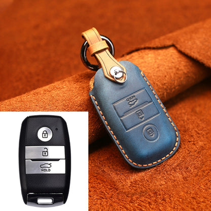 Blue cowhide leather key protective case with key ring and button cutouts