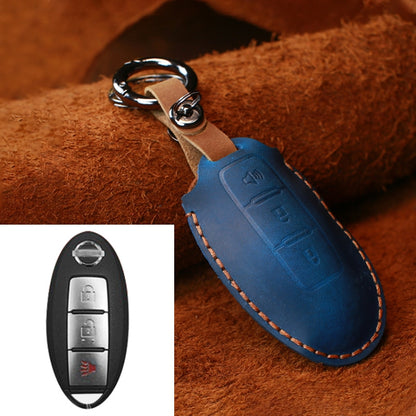 Blue cowhide leather key protective cover with metal key ring and stitched edge