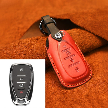 Red leather key fob cover with key ring and stitched edge, four-button style