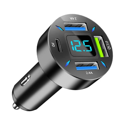 Black 4-port car fast charger with blue digital voltage display and USB ports