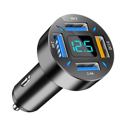 Black 4-port car fast charger with blue LED voltage display and USB QC3.0