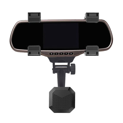 Car rearview mirror phone holder with carbon-fiber style mount and adjustable clamp arms