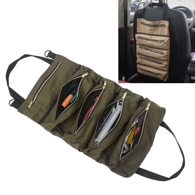 Army green canvas storage bag with multiple zip pockets and hanging strap